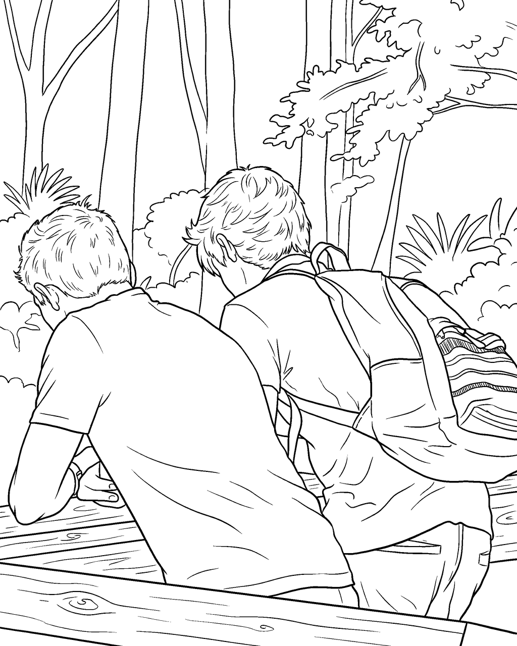 Coloring page of two friends resting on a bench in the woods, drawn from a photo taken from behind