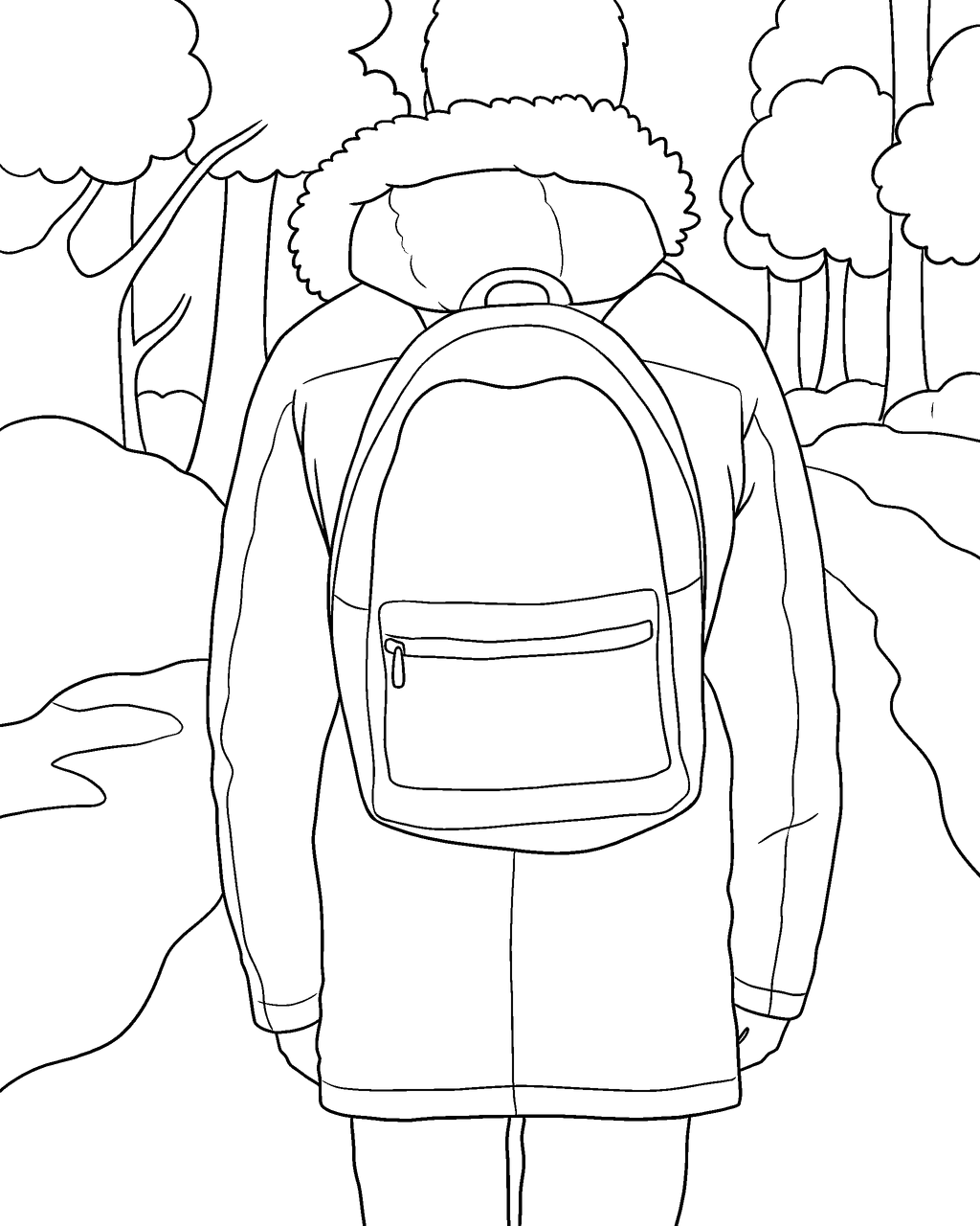 Coloring page of a hiker with a backpack walking a snowy trail, drawn from a full-body photo