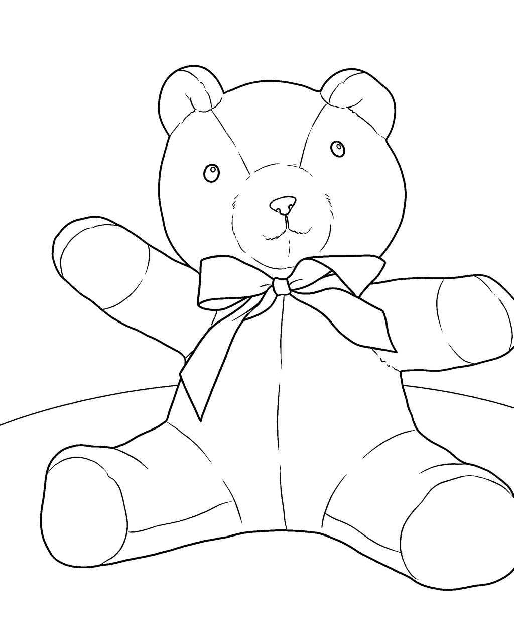 Coloring page of a teddy bear with a big bow, drawn from a photo of the toy