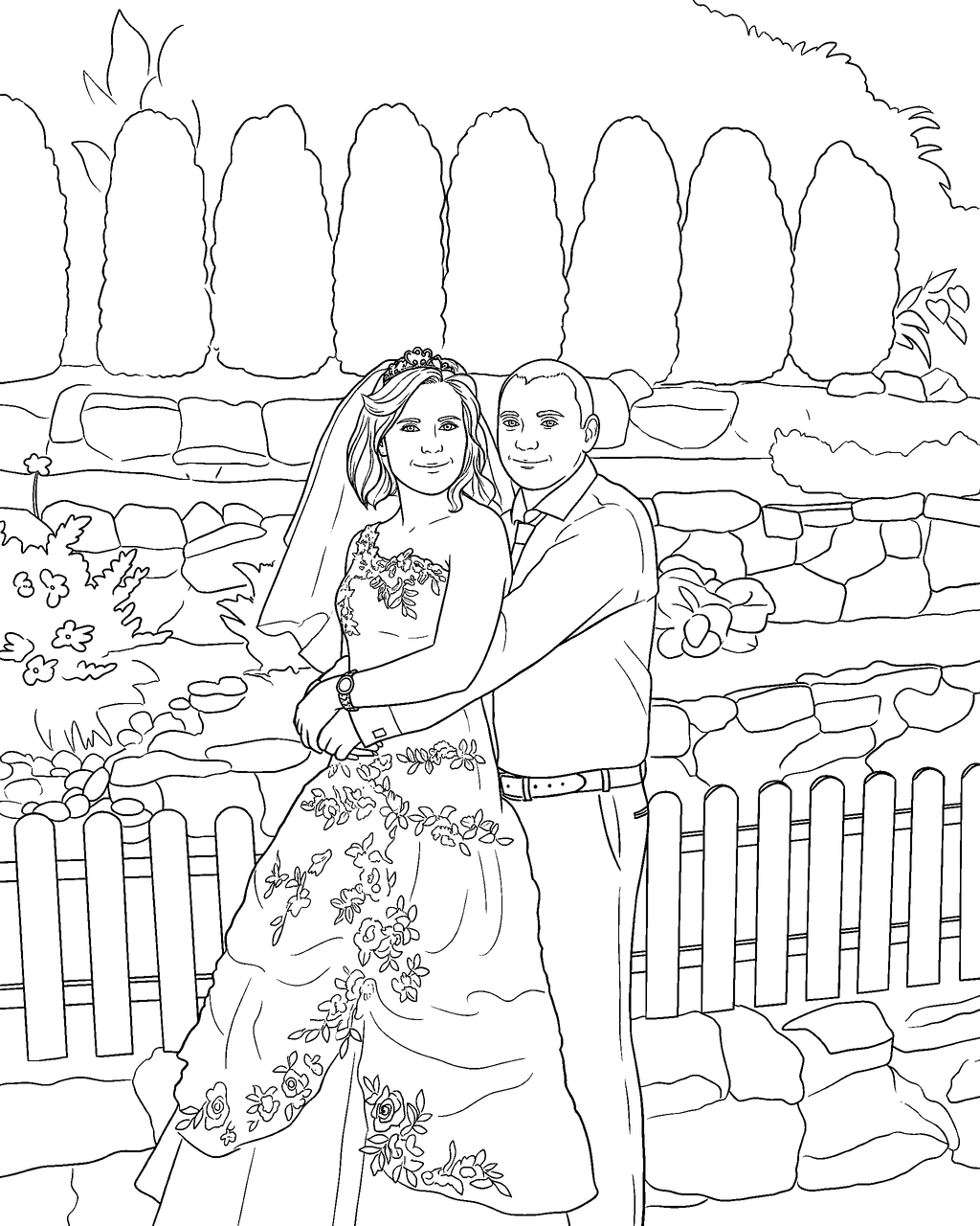 Coloring page of a bride and groom, drawn from a wedding photo