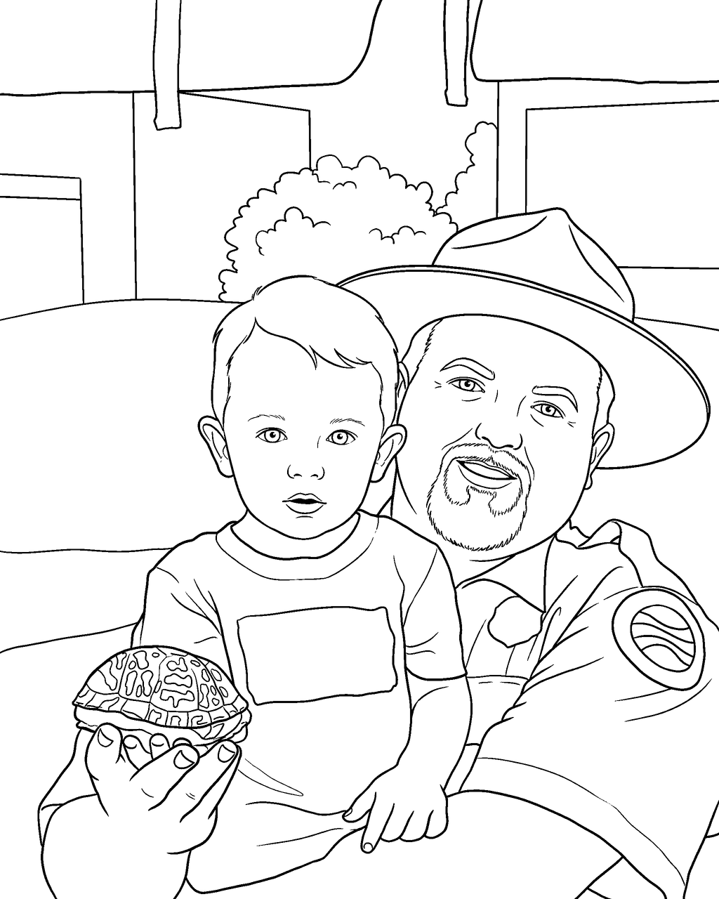 Coloring page of a father and his young son outdoors, drawn from a family photo
