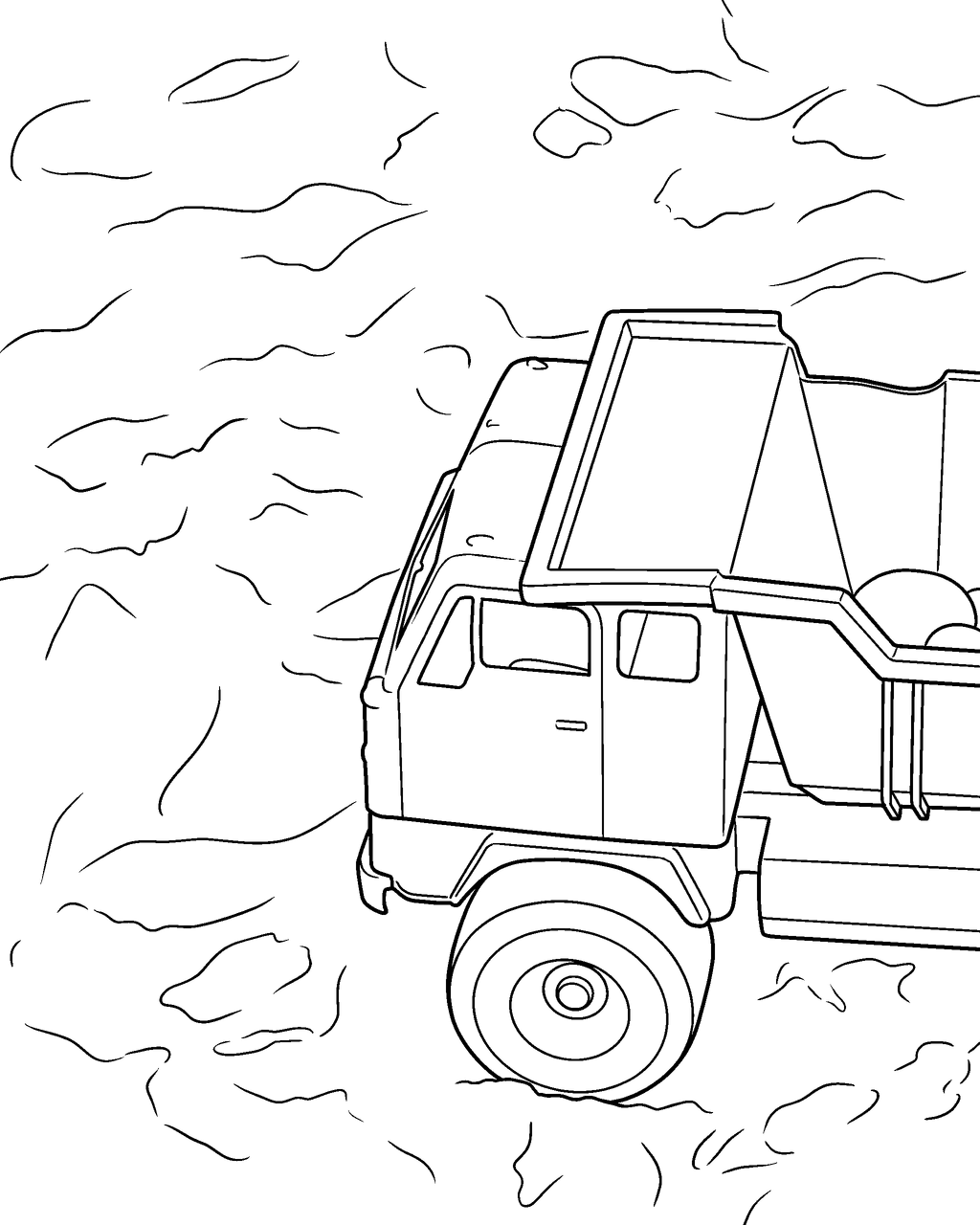 Coloring page of a plastic toy truck and pail in the sand, drawn from a photo