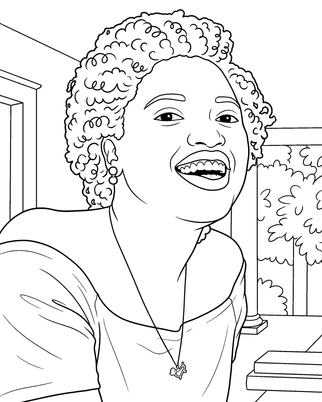 Coloring page of a smiling woman with long hair, drawn from a portrait photo
